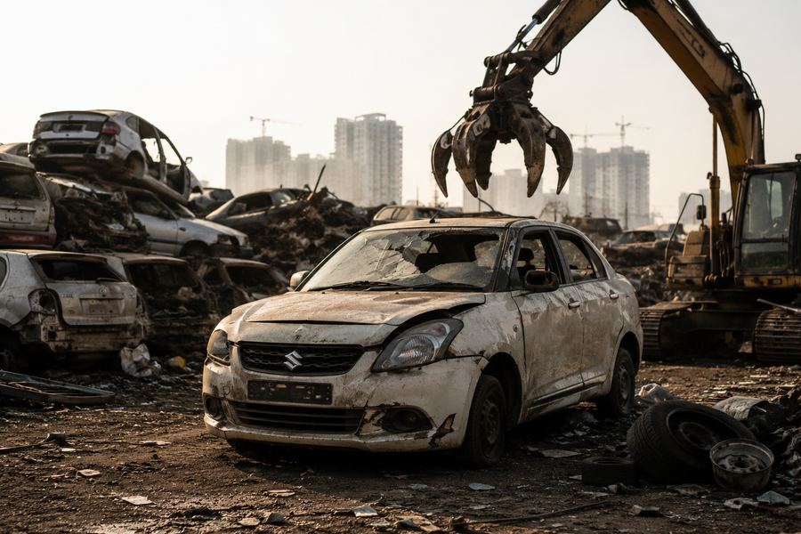 Old damaged car ready for scrapping