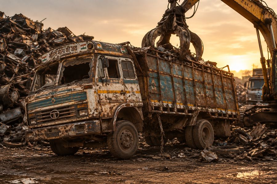 Old rusted truck at a scrapping yard